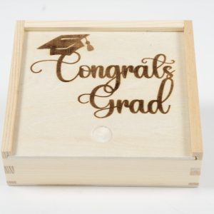 Laser engraved birch wood graduation gift card box with congratulations grad text