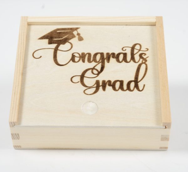 Laser engraved birch wood graduation gift card box with congratulations grad text