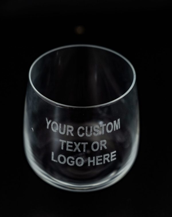 Custom laser etched rocks glasses with corporate logo for business gifts.