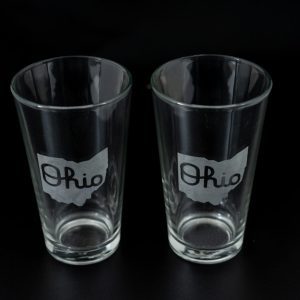 Pair of 16oz pint glasses laser etched with State of Ohio and Script Ohio design.