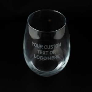 Set of 20 bulk custom logo wine glasses with laser etched corporate branding.