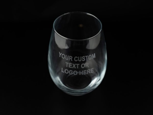 Set of 20 bulk custom logo wine glasses with laser etched corporate branding.