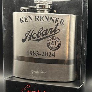 Personalized silver retirement flask with custom name and date engraving.