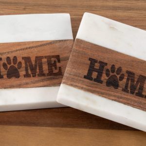 Pair of 4-inch square white marble and wood pet coasters with laser-engraved paw print Home design