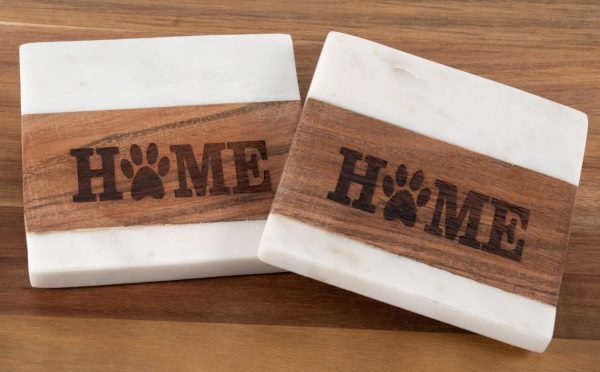Pair of 4-inch square white marble and wood pet coasters with laser-engraved paw print Home design