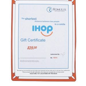 Discounted IHOP gift certificates worth 25 dollars from Ohio Basket Chic showing stackable terms and restaurant locations.