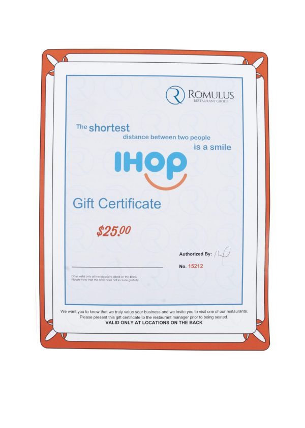 Discounted IHOP gift certificates worth 25 dollars from Ohio Basket Chic showing stackable terms and restaurant locations.