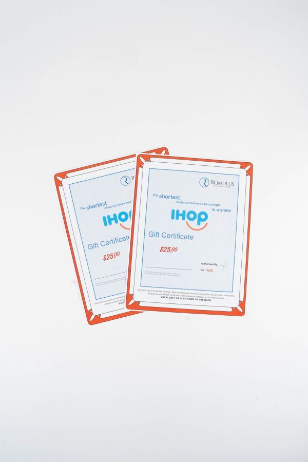 Discounted IHOP gift cards worth fifty dollars from Ohio Basket Chic valid at 133 locations with no expiration.