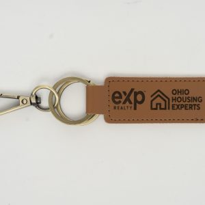 Personalized laser engraved keychain with custom text and double sided logo options by Ohio Basket Chic.