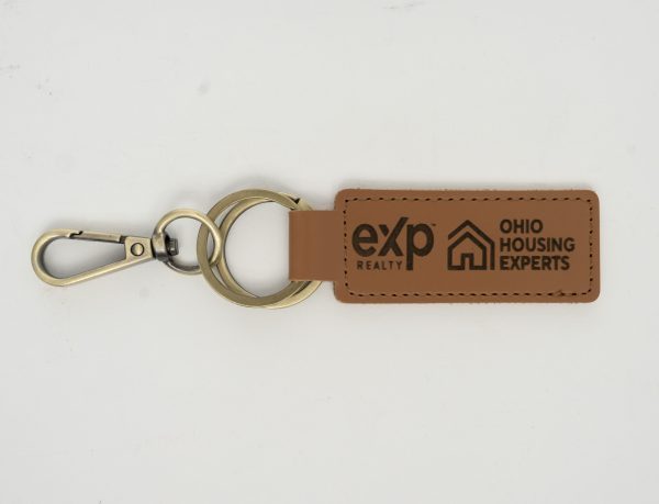 Personalized laser engraved keychain with custom text and double sided logo options by Ohio Basket Chic.