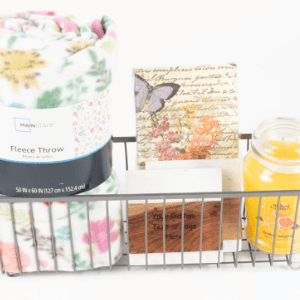 Personalized kitchen and housewarming gift basket custom engraved with wood coasters fleece blanket and candle