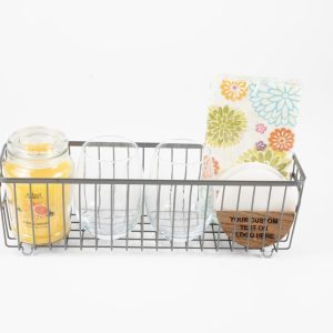 Personalized housewarming gift basket with custom engraved glasses and marble wood coasters