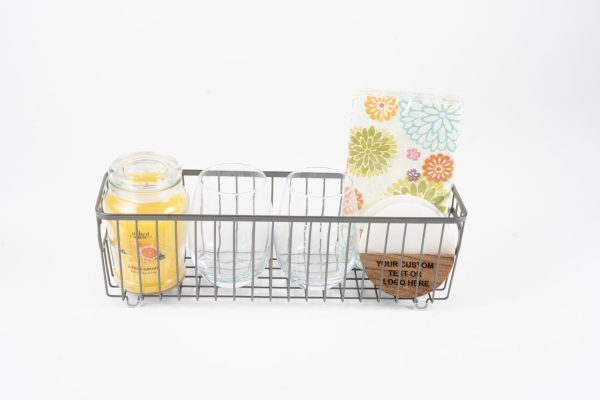Personalized housewarming gift basket with custom engraved glasses and marble wood coasters