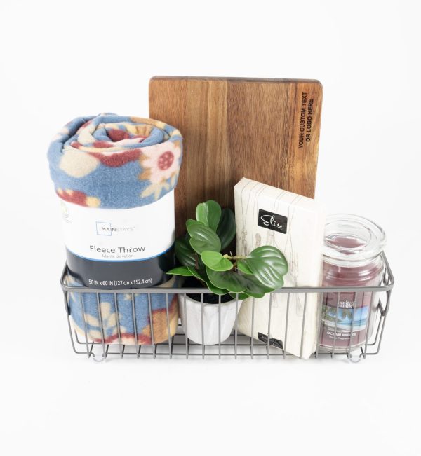 Ohio Basket Chic housewarming gift basket with custom wood cutting board fleece blanket and decorative plant