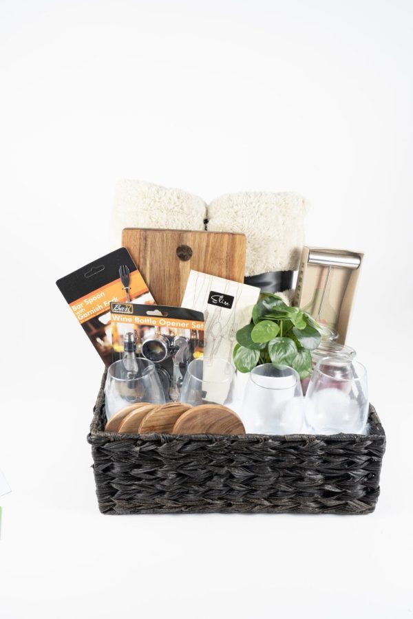 Personalized housewarming gift basket with custom laser engraved cutting board glasses and coasters by Ohio Basket Chic