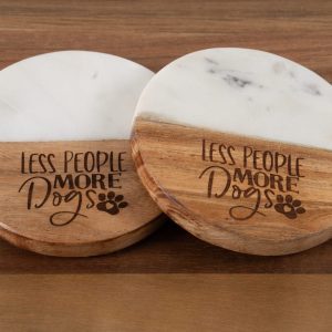 Less People More Dogs marble and wood round coasters for dog lovers
