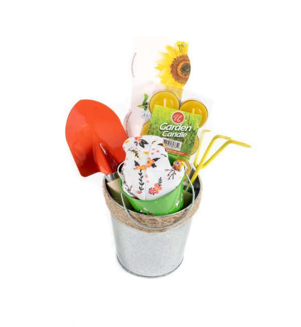 Personalized gardening gift basket with tools and treats for new homeowners.