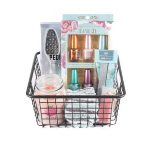 Personalized mani pedi gift basket with lotion, nail polish, and spa accessories for her.