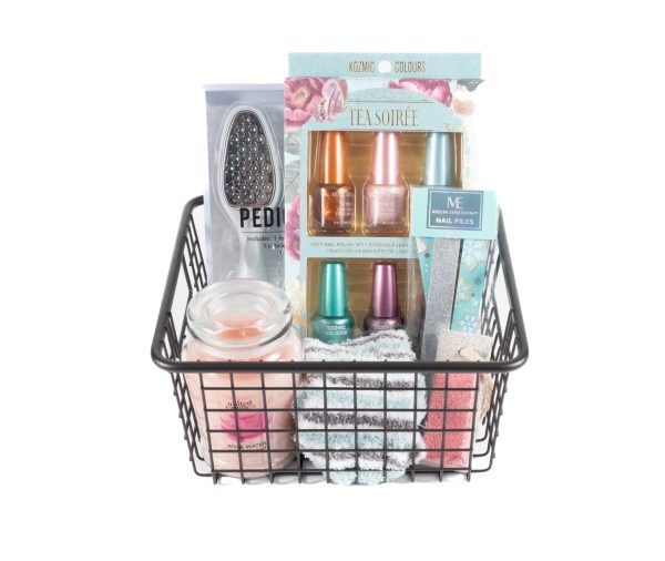 Personalized mani pedi gift basket with lotion, nail polish, and spa accessories for her.
