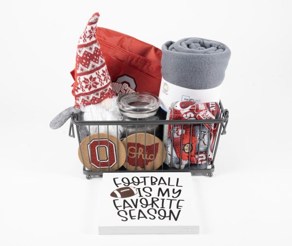 Medium Ohio State Buckeye gift basket inside a metal wire caddy containing a fleece blanket, fan gnome, and custom coasters.