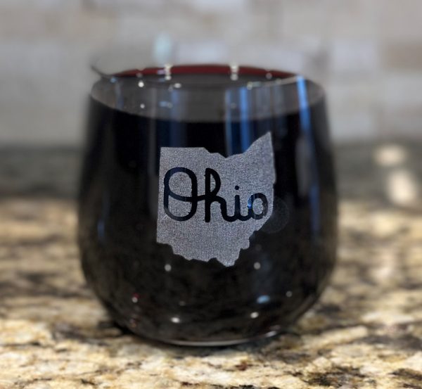 Pair of laser etched Ohio State rocks glasses with Script Ohio design