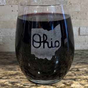 Pair of etched stemless wine glasses with State of Ohio and Script Ohio design.