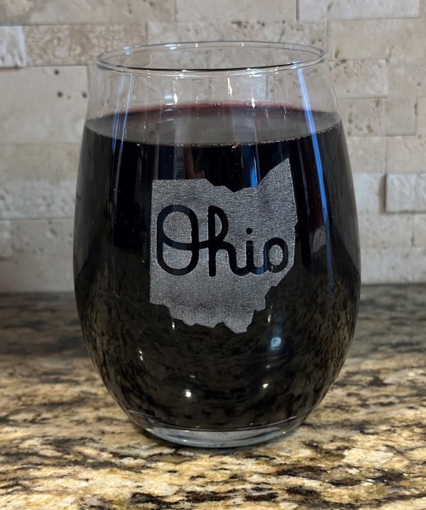 Pair of etched stemless wine glasses with State of Ohio and Script Ohio design.