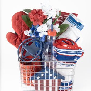 Stars and Stripes Patriotic Gift Basket with red white and blue plush blanket