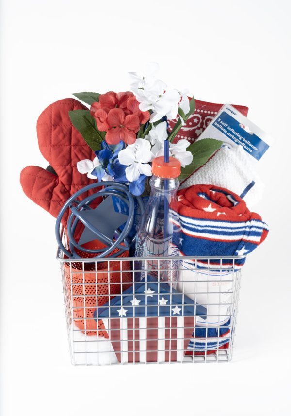 Stars and Stripes Patriotic Gift Basket with red white and blue plush blanket