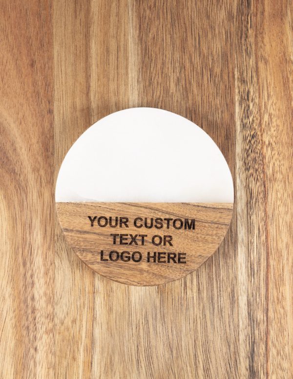 Pair of personalized round white marble and wood coasters with custom laser-engraved company logo.