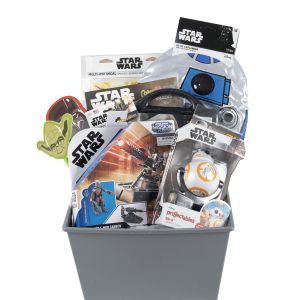 Star Wars gift basket for kids featuring a Laplander hat activity book and light projector toy