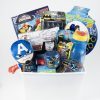 Marvel and DC superhero gift basket for kids featuring plush toys and puzzles
