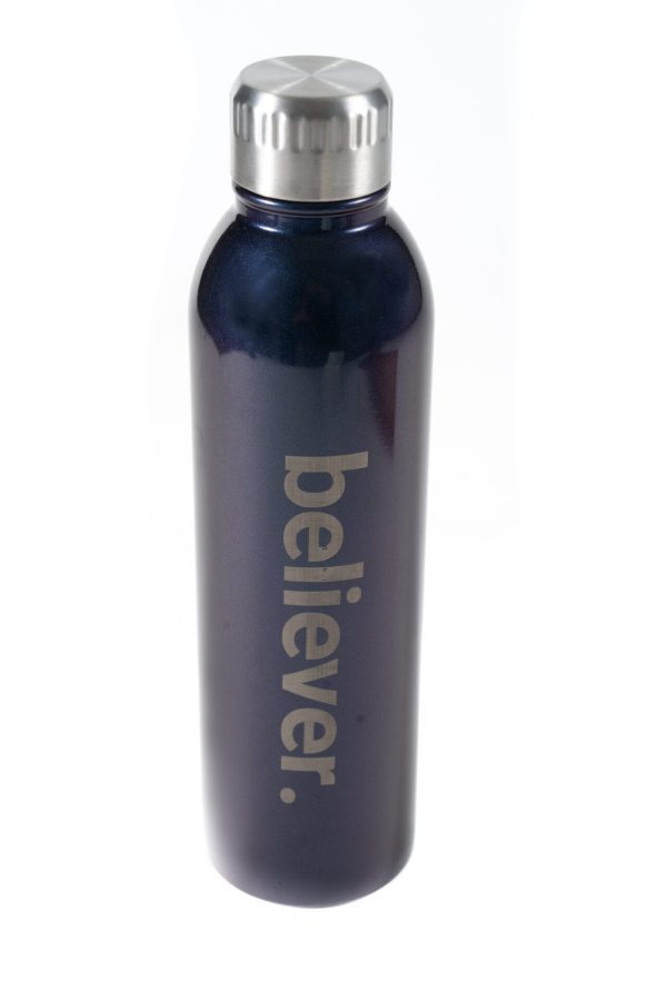 Laser engraved Believer Christian stainless steel tumbler in blue and purple gradient