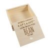 A small, open light-colored wooden gift box from the "Gift Box - Words Cannot Express How Much You Bean to Me" collection with the lid propped against it. The lid features an engraving in a mix of cursive and uppercase letters that reads, "WORDS CANNOT espresso HOW MUCH YOU BEAN TO ME.