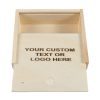 The Wooden Gift Box - Gift Card Size features an open lid that reveals a flat, light-colored interior surface engraved with the text "YOUR CUSTOM TEXT OR LOGO HERE" in dark letters. This simple and rustic box, crafted with visible wood grain, is perfectly proportioned to fit gift cards.