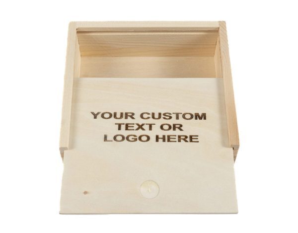 The Wooden Gift Box - Gift Card Size features an open lid that reveals a flat, light-colored interior surface engraved with the text "YOUR CUSTOM TEXT OR LOGO HERE" in dark letters. This simple and rustic box, crafted with visible wood grain, is perfectly proportioned to fit gift cards.