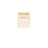 Vertical view of an empty, light-colored Wooden Gift Box - Small Planter or Bakery Size with an open lid. The interior back of the box contains a placeholder text that reads "YOUR CUSTOM TEXT OR LOGO HERE." The box is against a plain white background, making it perfect for small planter arrangements or bakery-sized treats.