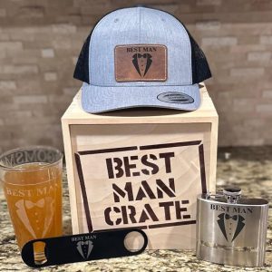 Ohio Basket Chic Best Man Gift Crate featuring gray snapback hat pint glass flask and bottle opener
