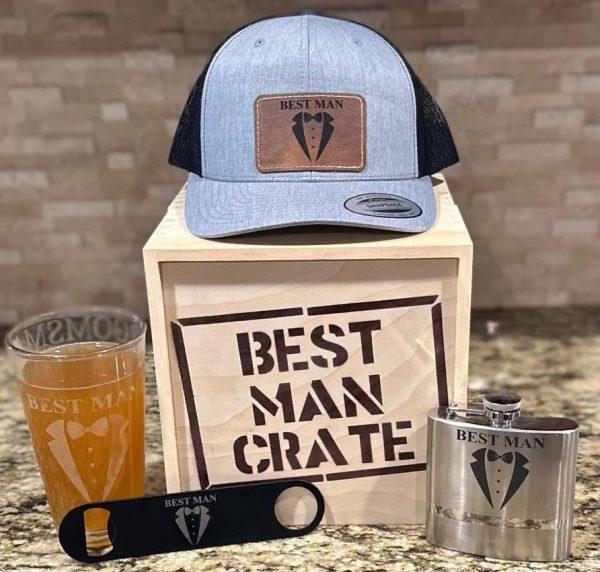 Ohio Basket Chic Best Man Gift Crate featuring gray snapback hat pint glass flask and bottle opener