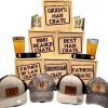 Wooden wedding party gift for father crate open filled with custom hat flask pint glass and bottle opener