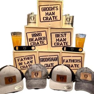 Wooden wedding party gift for father crate open filled with custom hat flask pint glass and bottle opener