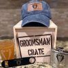Ohio Basket Chic groomsman gift crate set showing birch wood box filled with snapback hat flask pint glass and bottle opener.