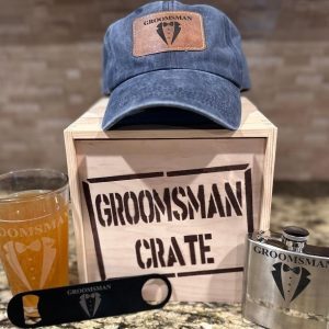 Ohio Basket Chic groomsman gift crate set showing birch wood box filled with snapback hat flask pint glass and bottle opener.