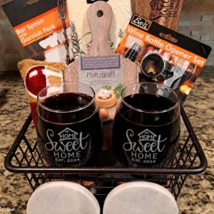 Home Sweet Home Basket with Home Sweet Home Cutting Board, Wine Glasses, Coasters - BEST SELLER!