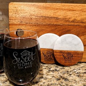 Home Sweet Home 5 Piece Set - Cutting Board, Wine Glasses, Coasters - BEST SELLER!