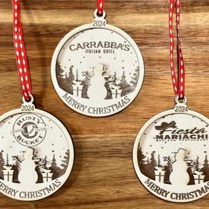 Personalized corporate Christmas ornaments featuring a white painted 2D truck shape with custom laser engraved business logo.