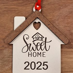 Personalized wood housewarming ornament with Home Sweet Home and current year engraving.