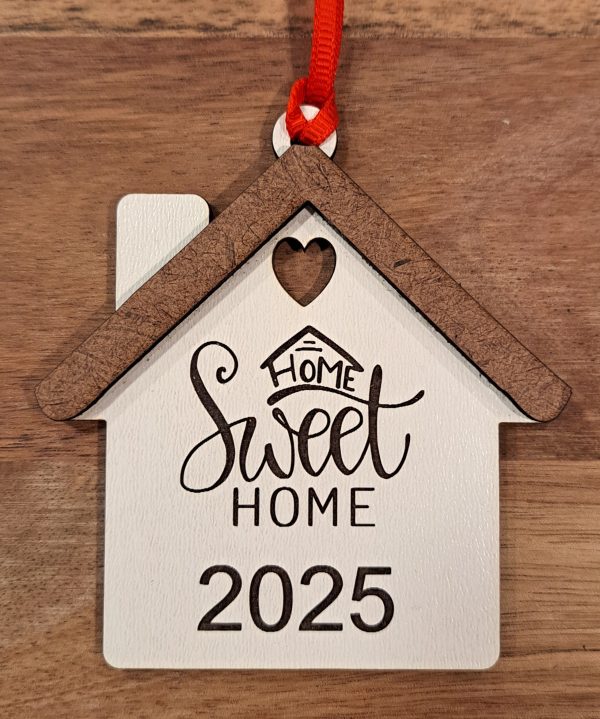 Personalized wood housewarming ornament with Home Sweet Home and current year engraving.