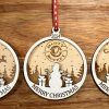 Custom corporate logo christmas ornaments made of white paint and natural birch wood by Ohio Basket Chic.