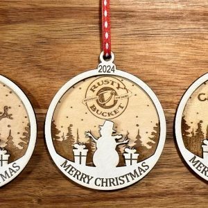 Custom corporate logo christmas ornaments made of white paint and natural birch wood by Ohio Basket Chic.